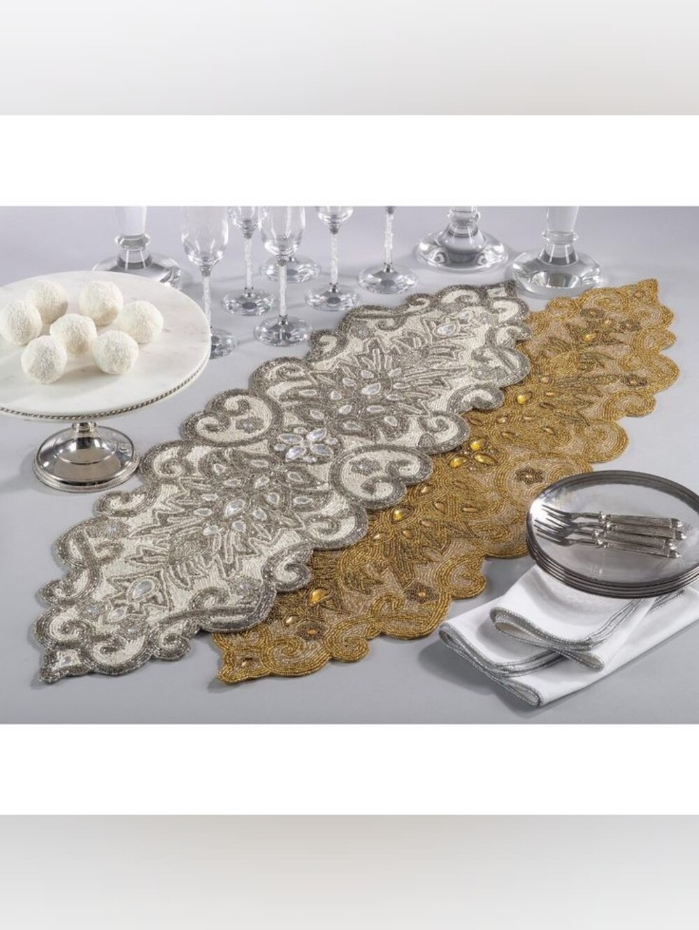 SARO Beaded Jeweled Scroll Motif Elegant Glam Design Table Runner. Silver